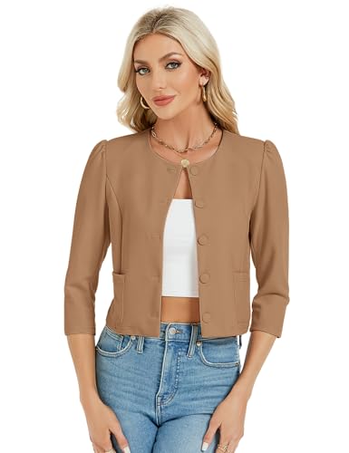 MODIURBAN Blazer Damen Kurz Bolero Elegant Strickjacke Langarm Jäckchen Cardigan mit Knöpfen und Taschen Khaki L von MODIURBAN