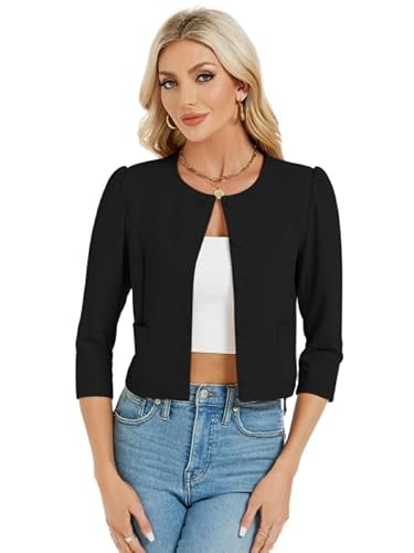 MODIURBAN Blazer Damen Kurz Bolero Elegant Strickjacke Langarm Jäckchen Cardigan mit Knöpfen und Taschen Schwarz L von MODIURBAN