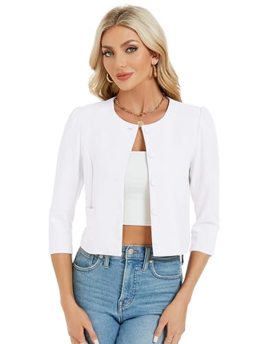 MODIURBAN Blazer Damen Kurz Bolero Elegant Strickjacke Langarm Jäckchen Cardigan mit Knöpfen und Taschen Weiß XL von MODIURBAN