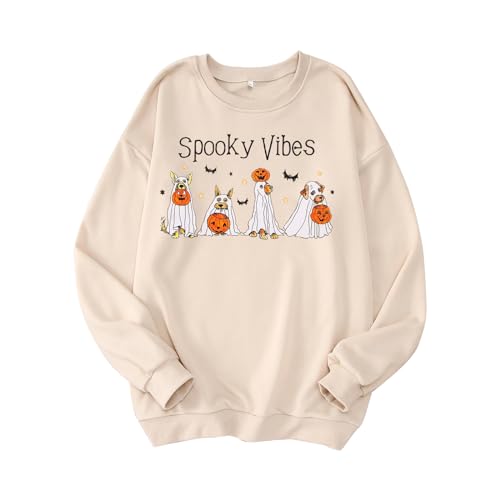 MODNTOGA Damen Halloween Kleidung Kürbis Grafik Sweatshirt Gruselige Vibes Herbst Outfit Hund Geist Langarm Pullover Tops, Beige, L von MODNTOGA
