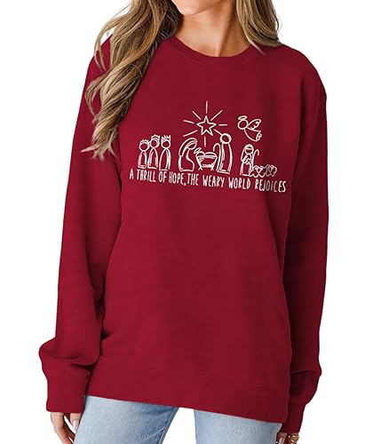 MODNTOGA Frauen Weihnachten Sweatshirt Rundhalsausschnitt Christian Religiöse Grafik Tops Langarm A Thrill Of Hope Krippe Shirt, Rot/Ausflug, einfarbig (Getaway Solids), S von MODNTOGA