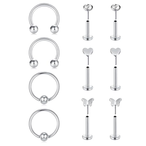 MODRSA 20G Lippenpiercing Damen Silber Eindrücken Nasenstecker Flach Tragus Helix Labret Medusa Piercing Herz Chirurgenstahl Piercing Schmuck von MODRSA