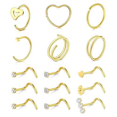 MODRSA 20G Nasenstecker Nasenpiercing Ring Herz Damen Chirurgenstahl Corkscrew Nasenpiercing Stecker Gold Diamand CZ Nostril Piercing Schmuck 15Stück von MODRSA