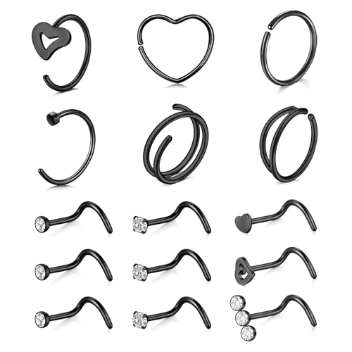 MODRSA 20G Nasenstecker Nasenpiercing Ring Herz Damen Chirurgenstahl Corkscrew Nasenpiercing Stecker Schwarz Diamand CZ Nostril Piercing Schmuck 15Stück von MODRSA