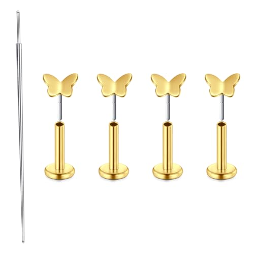 MODRSA 20G Tragus Piercing Ohrring Flash Piercing Schmetterling Helix Piercing Gold Nasenpiercing Flat Back 6mm Piercing-Schmuck für Helix/Konch/Medusa/Lippen Piercing Damen von MODRSA