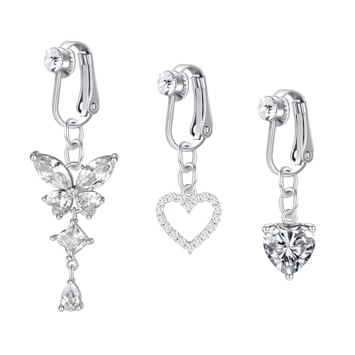 MODRSA Fake Bauchnabelpiercing Clip on Damen Fake Bauchnabelpiercing Chirurgenstahl Bauchnabelpiercing Clip Silber Bananabells Schmetterling Herz Non Piercing von MODRSA