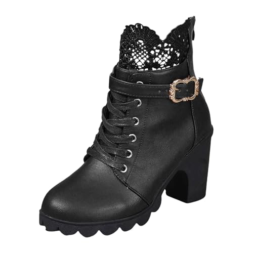 Ankle Boots Damen Mit Absatz, Bequem Schwarz Winter Stiefeletten Winterstiefel Elegant Leder Spitz Weite H Ankle Boots Basic Gothic Einfarbig Schuhe Schnürstiefeletten von MODSGUE