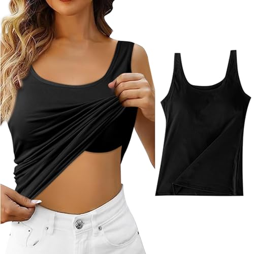 BH Damen Unterhemd Basic Racerback Tank Tops U-Ausschnitt Eingebauter BH Baumwoll Stretch Eng Top Spaghettiträger Tank Tops mit Integriertem Bh Ohne Bügel Einfarbig Bequeme Hemd Fitting Yoga Top von MODSGUE