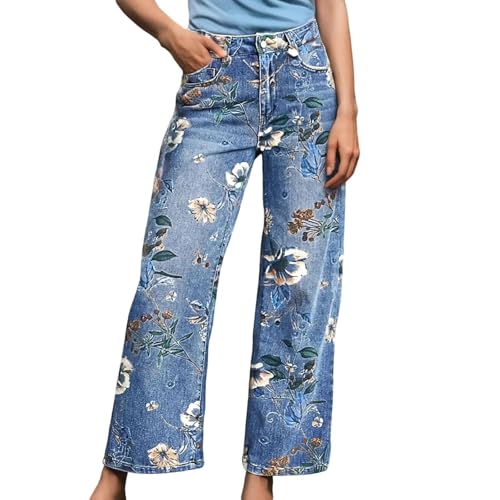 Baggy Jeans Damen Jahre Schlaghose Boho Hose Hippie Blumen High Waist Outfit Kostüm Weite Gerades Bein Denimhose Stretch High Waist Jeanshosen Bequeme Hose Mit Taschen von MODSGUE