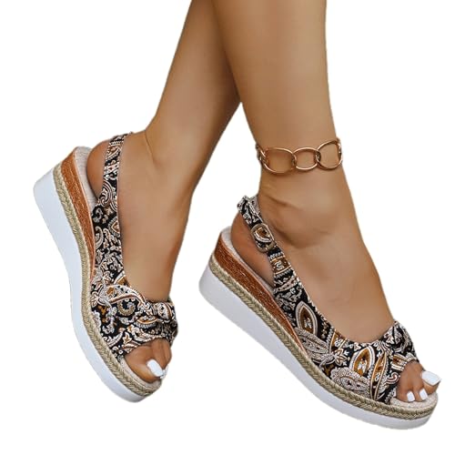 Damen Elegant Sandalen Mit Schleife Vintage Keilabsatz Espadrilles Sandaletten Sommer Peep Toe Hausschuhe Römische Strand Sommerschuhe Party Pumps Abendschuhe von MODSGUE