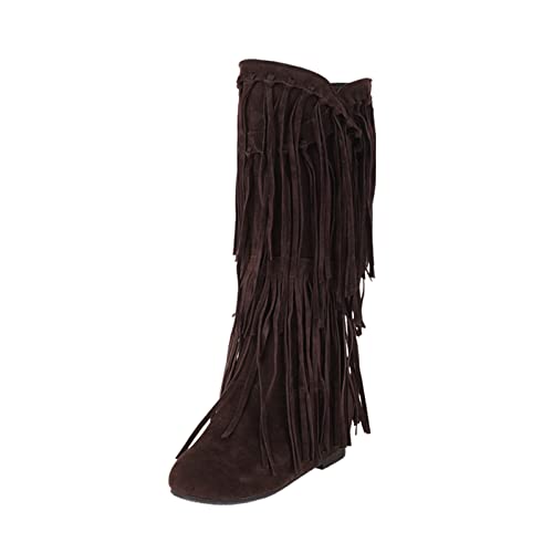 Damen Hohe Stiefel, Damen Stiefel mit Absatz Vintage Fransenstiefel Kniehohe Stiefeletten Flache Absätze Fransen Warm Cowboy-Stiefel Lange Schuhe Boots Winterschuhe Ankle Boots von MODSGUE