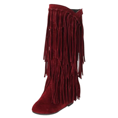 Damen Hohe Stiefel, Damen Stiefel mit Absatz Vintage Fransenstiefel Kniehohe Stiefeletten Flache Absätze Fransen Warm Cowboy-Stiefel Lange Schuhe Boots Winterschuhe Ankle Boots von MODSGUE
