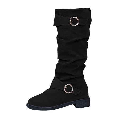 Damen Hohe Stiefel Winter Schuhe Warme Leder Reitstiefel Niedrige mit Absatz Komfort Beiläufige Schnalle Langschaft Kniehohe Stiefel Damenstiefel Einfarbig Westernstiefel von MODSGUE
