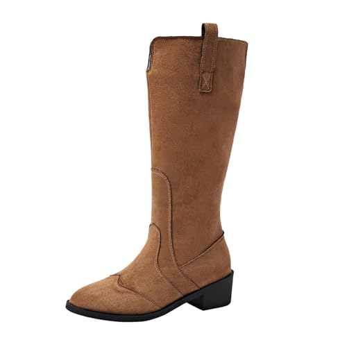Damen Hohe Stiefel Winter Schuhe Warme Leder Reitstiefel Niedrige mit Absatz Langschaft Boots Komfort Beiläufige Schnalle Langschaft Kniehohe Stiefel Damenstiefel von MODSGUE