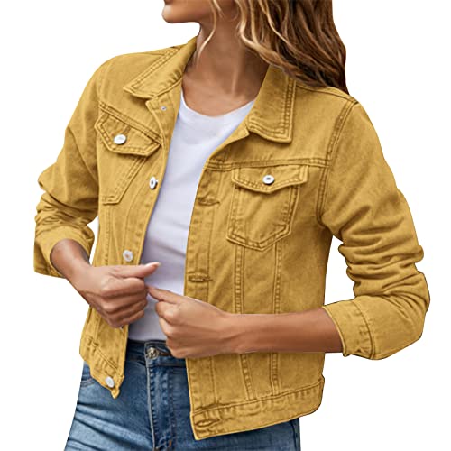 Damen Jeansjacken Solid Color Jeans Shacket Trucker Jacke Button-Down-Denim-Baumwolljacke Boyfriend Vintage Jean Mantel Übergangs Ripped Denim Jacken Taschen Mantel Lange von MODSGUE