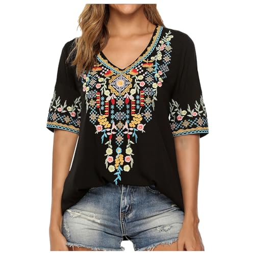 Damen Stickerei Bluse Bohemian Herbst Tunika Stickerei Folklore Tops V-Ausschnitt Shirt Sommer Tunika Bequem Blusen Boho Hippie Kurzarm Lose Oberteil von MODSGUE