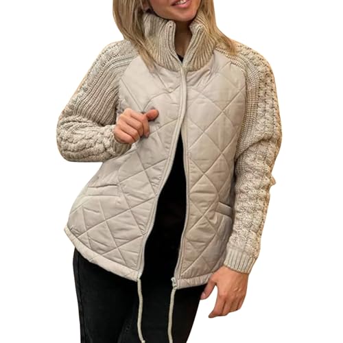 Damen Strick Patchwork Puffy Jacke,NeuePatchwork Jacket for Women,Women's Knit Jacket, Fashion Zipper Cardigan Long Sleeve Stand Collar Coat,Fall Casual Outerwear von MODSGUE