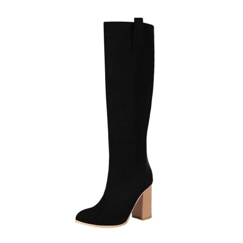 Damen Winterstiefel Overknees Stiefel Blockabsatz Stiefeletten Langschaft Kniestiefel Mode Wildleder Schuhe Retro Hoher Absatz Einfarbig Basic Seitenreißverschluss Boots von MODSGUE