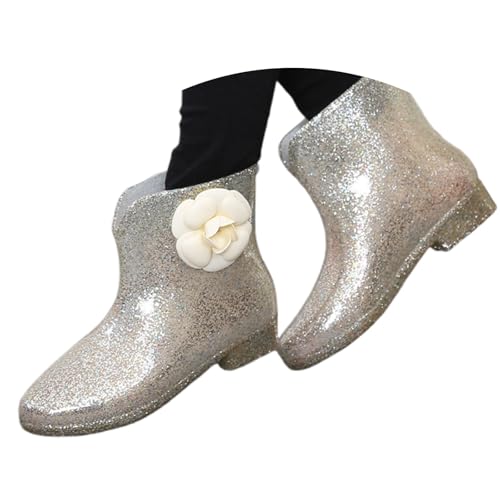 Damenstiefel Glänzend Silber Kurze Stiefeletten Dickem Absatz und Seitlichem Damenschuhe Reißverschluss Mode Kurzstiefel Britischen Stil Kunstleder Stiefel Frauen Karneval von MODSGUE