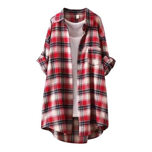 Karohemd Damen Bluse Kurzarm Longbluse Leicht Karierte Bluse Elegant Lang Luftig Damen Hemd Karo Tunika Casual Oberteile Damen Hemdjacke Teenager Mädchen T-Shirt Atmungsaktive in trendigem von MODSGUE