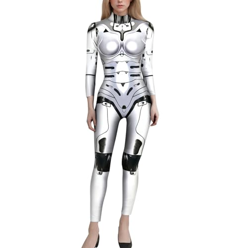 MODSGUE 3D-Druck-Body Roboter Overall Damen Halloween Kostüm Cosplay Bequem Jumpsuit Skelett Knochen Anzug Karneval Fasching von MODSGUE