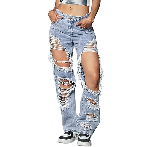 MODSGUE Cargo Jeans Damen Baggy Taschen Jeans Vintage Jeanshosen Streetwear Cargohose Reißverschluss Arbeitshose Taschen Latzhose Straight Langhose von MODSGUE