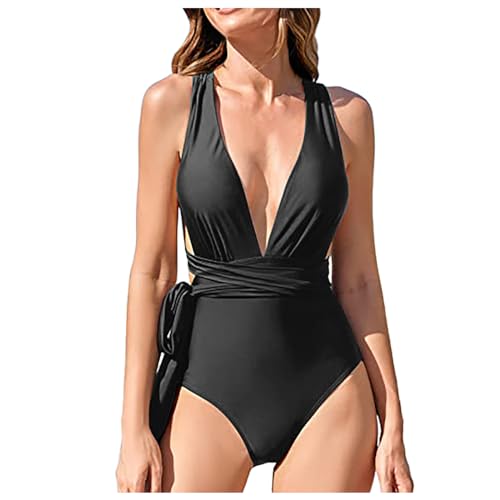 MODSGUE Damen Badeanzug V Ausschnitt Bauchweg Tiefer Rücken Crossback High Cut Modern Einteilige Bademode Swimsuit Bequeme Bademode von MODSGUE