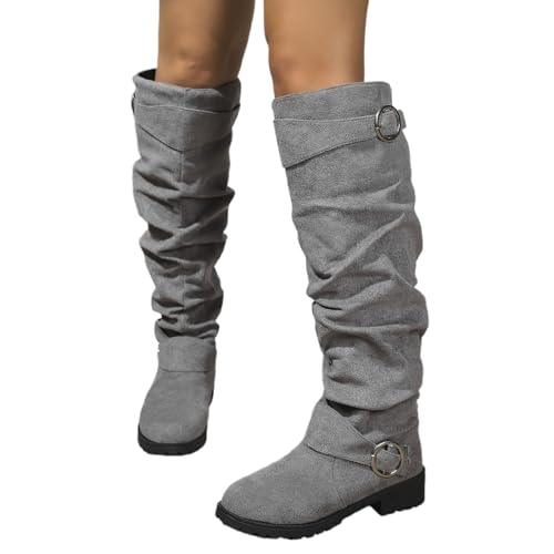 MODSGUE Damen Bequeme Langschaft Stiefel Damen Wildleder Halbstiefel mit Blockabsatz Reißverschluss Winterstiefel Lange Stiefel Casual Langschaft Boots Winterschuhe von MODSGUE