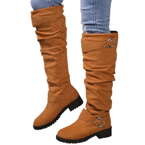 MODSGUE Damen Bequeme Langschaft Stiefel Damen Wildleder Halbstiefel mit Blockabsatz Reißverschluss Winterstiefel Lange Stiefel Casual Langschaft Boots Winterschuhe von MODSGUE