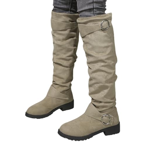 MODSGUE Damen Bequeme Langschaft Stiefel Damen Wildleder Halbstiefel mit Blockabsatz Reißverschluss Winterstiefel Lange Stiefel Casual Langschaft Boots Winterschuhe von MODSGUE