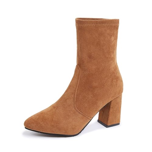 MODSGUE Damen Chunky Blockabsatz Niedrige Absatz Heel Geschlossene Spitze Zehenkappe Einfarbig Basic Stiefeletten Slip-on Reißverschluss Heels Klassisch Cute Schuhe Schwarz von MODSGUE
