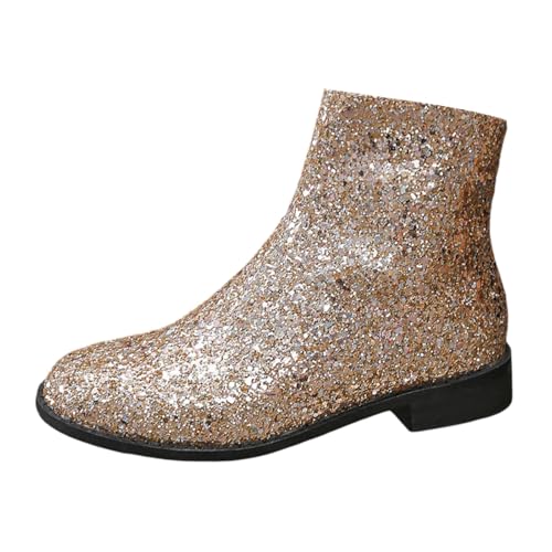 MODSGUE Damen Chunky Heels Ankle Boots Glitzer Stiefeletten mit Blockabsatz und Reißverschluss Einfarbig Absatz Pailletten Schuhe Stiefeletten mit Mittelhohem Blockabsatz Party von MODSGUE
