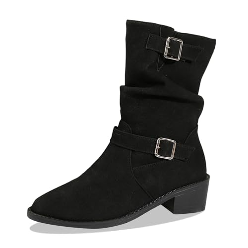 MODSGUE Damen Cowboystiefel Stiefeletten Schlupfschuhe Winter Cowboyboots Cowboy Damenstiefel Schuhe Blockabsatz Bequem Kurzstiefel Braun Ankle Herbststiefeletten Wildleder von MODSGUE