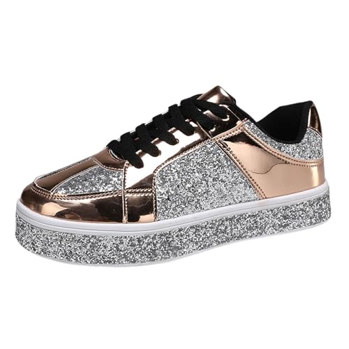 MODSGUE Damen Featured Glitter Lace Up Sneaker,Flache Low Sneaker,Kleid Turnschuhe Party Casual Flats Verzierte Schuhe, Hellgoldene Laufschuhe Turnschuhe Glitzer-Schnürschuhe von MODSGUE