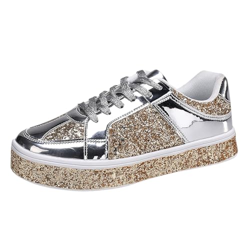 MODSGUE Damen Featured Glitter Lace Up Sneaker,Flache Low Sneaker,Kleid Turnschuhe Party Casual Flats Verzierte Schuhe, Hellgoldene Laufschuhe Turnschuhe Glitzer-Schnürschuhe von MODSGUE