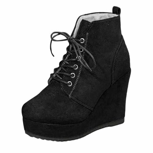 MODSGUE Damen Hoher High Absatz Heel Keilabsatz Plateau Plattform Runde Zehenkappe Vintage Winter Stiefeletten Schnüren Schnürung Reißverschluss Dress Klassisch von MODSGUE