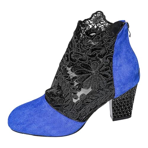 MODSGUE Damen Hohle Tüll Stiefel Bestickte Blockabsatz Stiefeletten Kurze Stiefel Elegante Spleißen Blumen Spitze Braut Sommerschuhe Sommerstiefel mit Reißverschluss von MODSGUE