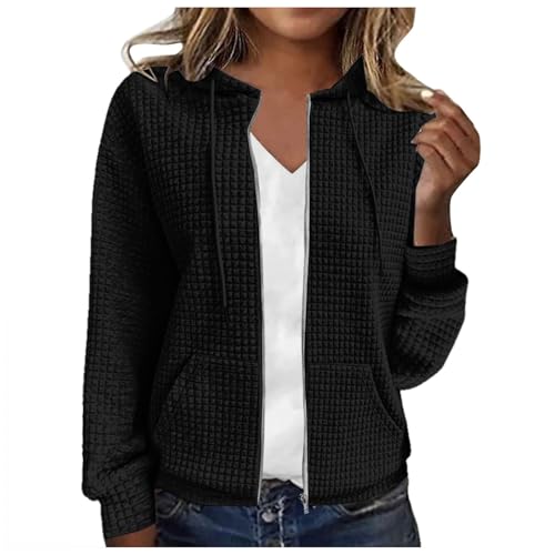 MODSGUE Damen Kapuzenjacke Kapuzenpullover Vintage Oversize Sweatjacke Sweatshirt College Stricken Jacke Bequem Übergangsjacke Zip Waffelmuster Große Größen Hoodie Strick mit Kapuze von MODSGUE
