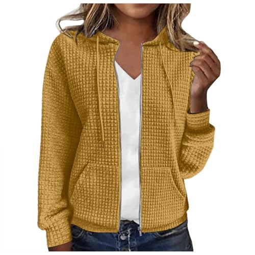 MODSGUE Damen Kapuzenjacke Kapuzenpullover Vintage Oversize Sweatjacke Sweatshirt College Stricken Jacke Bequem Übergangsjacke Zip Waffelmuster Große Größen Hoodie Strick mit Kapuze von MODSGUE