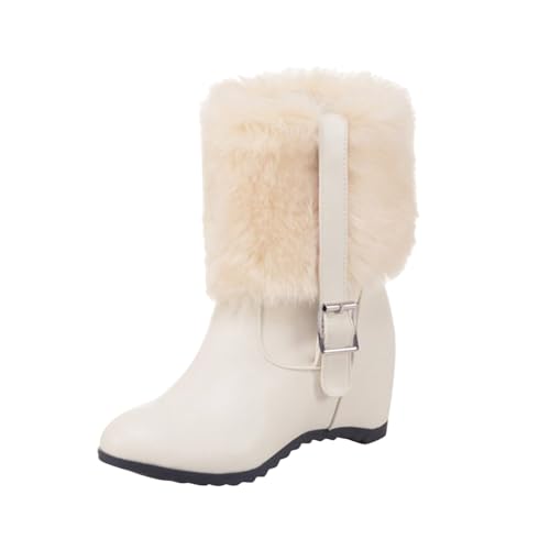 MODSGUE Damen Keilabsatz Stiefeletten mit Fell und Schleife High Heels Einfarbig Wedges Ankle Boots Rockabilly Warm Gefüttert Winter Schuhe von MODSGUE