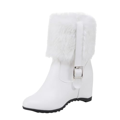 MODSGUE Damen Keilabsatz Stiefeletten mit Fell und Schleife High Heels Einfarbig Wedges Ankle Boots Rockabilly Warm Gefüttert Winter Schuhe von MODSGUE