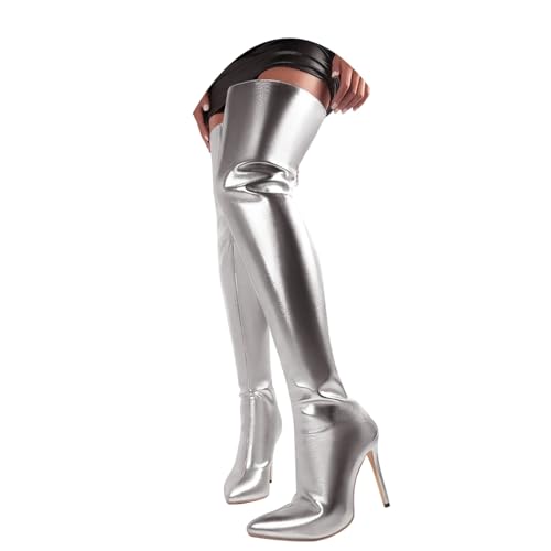 MODSGUE Damen Metallic Overknee Stiefel High Heels Stiletto Stiefel Glitzer Spitz Slouchy Winterstiefel Einfarbig Schuhe Lacksteifel Spitze Boots mit Reißverschluss MODSGUE Damen Metallic Overknee Stiefel High Heels Stiletto Stiefel Glitzer Spitz Slouchy Winterstiefel Einfarbig Schuhe Lacksteifel Spitze Boots mit Reißverschluss von MODSGUE