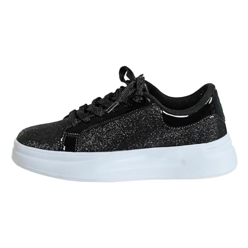 MODSGUE Damen Pailletten Sneaker Glitzer Schuhe Flache Low Outdoor Laufschuhe Schnürsenkel Walkingschuhe Einfarbig Sportschuhe für Street Wedding Party Night Club von MODSGUE