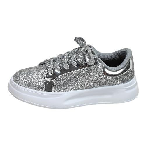 MODSGUE Damen Pailletten Sneaker Glitzer Schuhe Flache Low Outdoor Laufschuhe Schnürsenkel Walkingschuhe Einfarbig Sportschuhe für Street Wedding Party Night Club von MODSGUE