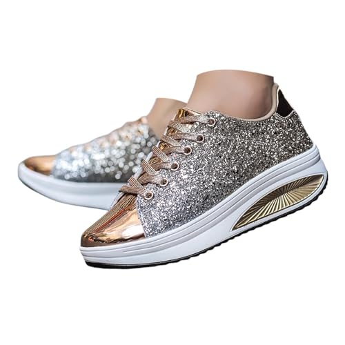 MODSGUE Damen Pailletten Sneaker Glitzer Schuhe Flache Low Outdoor Laufschuhe Schnürsenkel Walkingschuhe Freizeitschuhe Laufschuhe Turnschuhe Einfarbig Beuqem Sportschuhe von MODSGUE