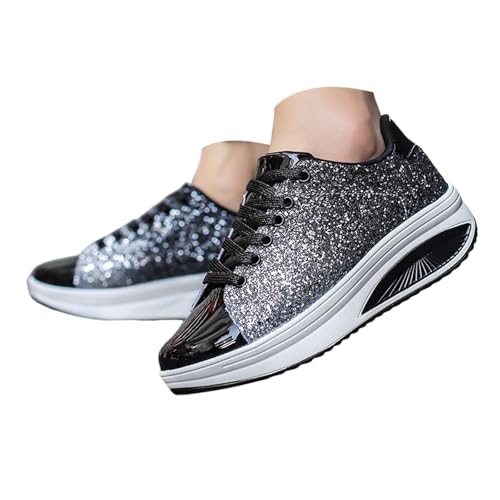 MODSGUE Damen Pailletten Sneaker Glitzer Schuhe Flache Low Outdoor Laufschuhe Schnürsenkel Walkingschuhe Freizeitschuhe Laufschuhe Turnschuhe Einfarbig Beuqem Sportschuhe von MODSGUE