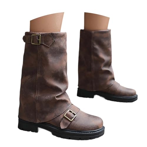 MODSGUE Damen Retro PU Stiefel Halbhoch Stiefeletten Mit Schnalle Einfarbig Runde Flache Stiefel Kurzstiefel Einfarbig Bequem Winterboots Schlupfstiefel Damenschuhe Winterschuhe von MODSGUE