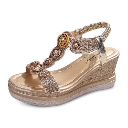 MODSGUE Damen Sommer Sandalen mit Strass Perlen Frauen Bohemian Sandals Freizeit Stoffschuhe Bequem Dünne Basic Strand Sandalette Plattform Flip Flops von MODSGUE
