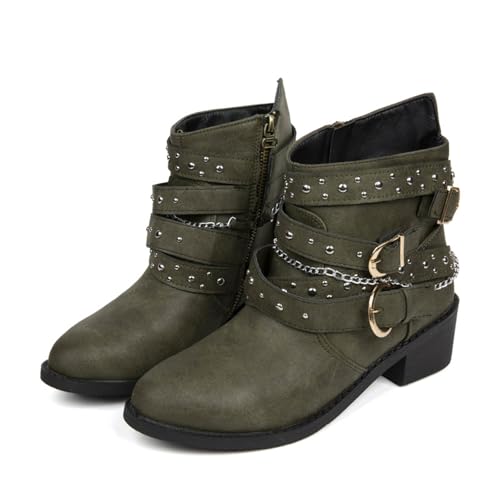MODSGUE Damen Stiefeletten Biker Boots Stiefel Blockabsatz Herbst Winter Frauen Schuhe Schnallen Vintage Cowboy Einfarbig Westernschuhe Combat Mit Seitlicher Reißverschluss von MODSGUE