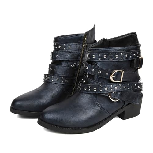MODSGUE Damen Stiefeletten Biker Boots Stiefel Blockabsatz Herbst Winter Frauen Schuhe Schnallen Vintage Cowboy Einfarbig Westernschuhe Combat Mit Seitlicher Reißverschluss von MODSGUE